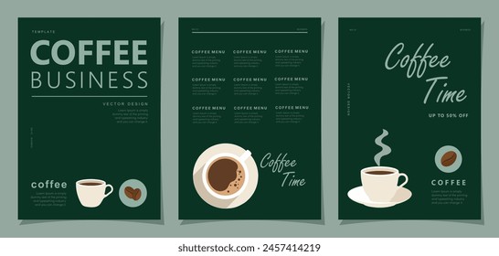 Set of minimal background templates with coffee beans and coffee mug for invitations, cards, banner, brochure, poster, cover, cafe menu or another design.