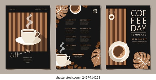 Set of minimal background templates with coffee beans and coffee mug for invitations, cards, banner, brochure, poster, cover, cafe menu or another design.