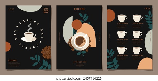 Set of minimal background templates with coffee beans and coffee mug for invitations, cards, banner, brochure, poster, cover, cafe menu or another design.