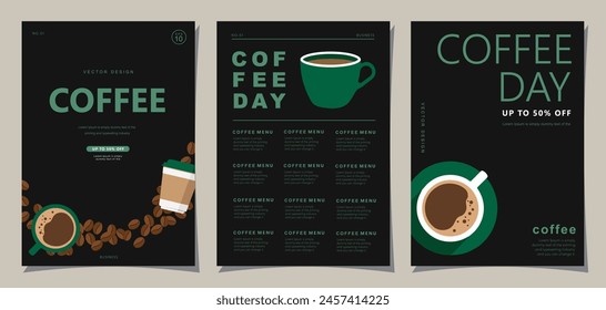 Set von minimalen Hintergrund-Vorlagen mit Kaffeebohnen und Kaffeebecher für Einladungen, Karten, Banner, Broschüre, Poster, Cover, Cafe-Menü oder ein anderes Design.