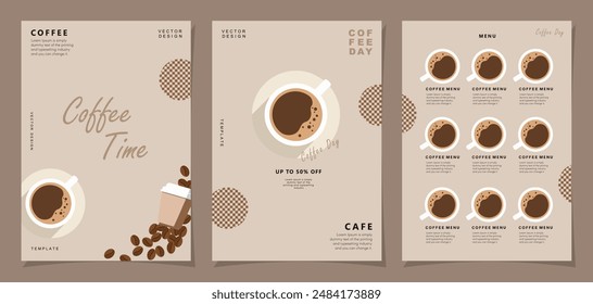 Set of minimal background templates with coffee beans and coffee mug for invitations, cards, banner, brochure, poster, cover, cafe menu or another design. Vector illustration.