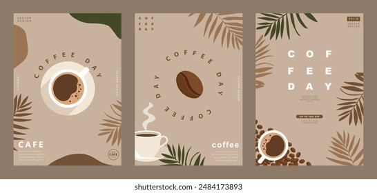 Set of minimal background templates with coffee beans and coffee mug for invitations, cards, banner, brochure, poster, cover, cafe menu or another design. Vector illustration.