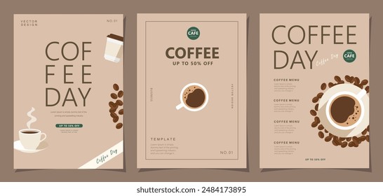 Set of minimal background templates with coffee beans and coffee mug for invitations, cards, banner, brochure, poster, cover, cafe menu or another design. Vector illustration.