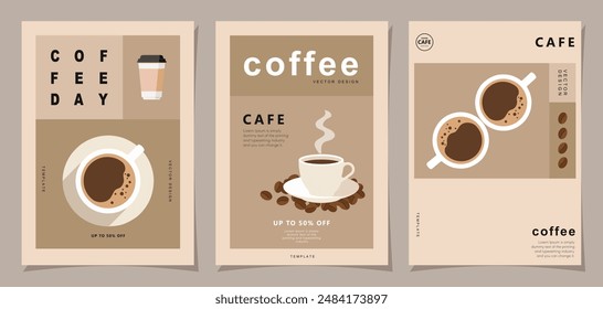 Set of minimal background templates with coffee beans and coffee mug for invitations, cards, banner, brochure, poster, cover, cafe menu or another design. Vector illustration.