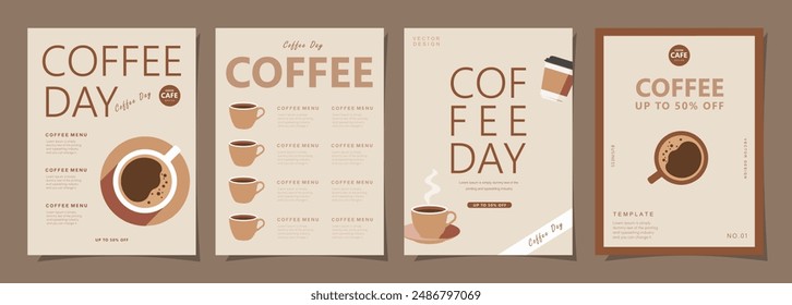 Set of minimal background templates with coffee beans and coffee mug for invitations, cards, banner, brochure, poster, cover, cafe menu or another design. Vector illustration.