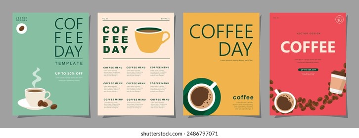 Set von minimalen Hintergrund-Vorlagen mit Kaffeebohnen und Kaffeebecher für Einladungen, Karten, Banner, Broschüre, Poster, Cover, Cafe-Menü oder ein anderes Design. Vektorillustration.