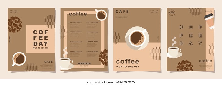 Set von minimalen Hintergrund-Vorlagen mit Kaffeebohnen und Kaffeebecher für Einladungen, Karten, Banner, Broschüre, Poster, Cover, Cafe-Menü oder ein anderes Design. Vektorillustration.