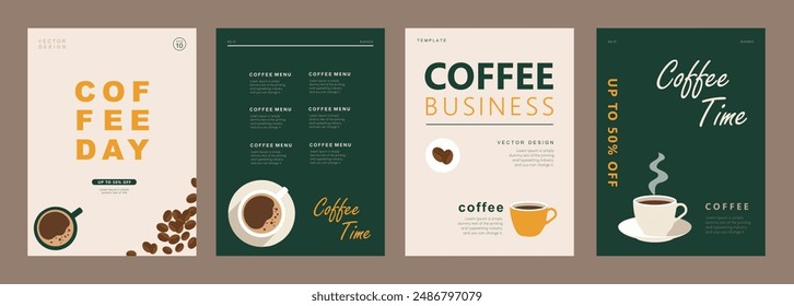 Set of minimal background templates with coffee beans and coffee mug for invitations, cards, banner, brochure, poster, cover, cafe menu or another design. Vector illustration.