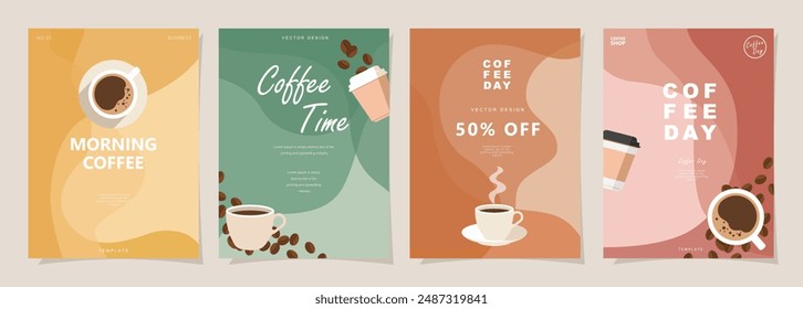 Set of minimal background templates with coffee beans and coffee mug for invitations, cards, banner, brochure, poster, cover, cafe menu or another design. Vector illustration.