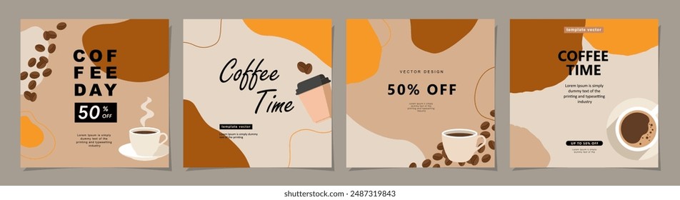 Set of minimal background templates with coffee beans and coffee mug for invitations, cards, banner, brochure, poster, cover, cafe menu or another design. Vector illustration.