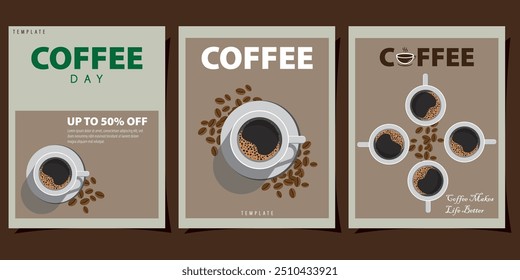 Set of minimal background templates with coffee mug and coffee beans vector. Abstract, international coffee day, espresso, event, flat design, frame, graphic. Can use for banner, brochure, poster. 