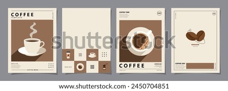 Set of minimal background templates with coffee beans and coffee mug for invitations, cards, banner, brochure, poster, cover, cafe menu or another design. Vector illustration.