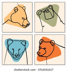 set of minimal bear abstract childish hand drawing continuous lines face for posters, hanging wall, wallpaper, texture, banner, label, card etc. modern hipster style vector design.