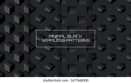 Set of minimal black seamless pattern backgrounds. Geometric 3D figures on dark field tiles. Collection of vector abstract wallpaper templates