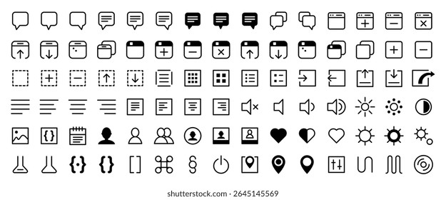 Set of minimal black UI icons for web, app, and interface design. Includes chat, settings, files, media, code, user, location, and system controls. Perfect for digital products and design tools.
