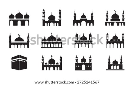 Set of minimal black vector icons representing various mosque designs and the sacred cubical kaaba structure simple graphics