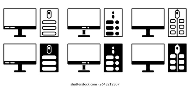 Set of minimal black and white computer icons featuring monitors and system units in various styles. Perfect for tech, electronics, and digital design them
