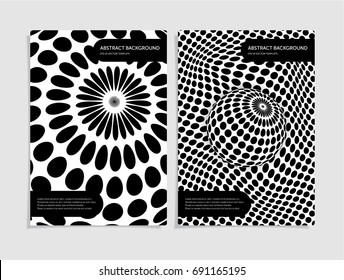 A set of minimal black and white cover backgrounds. Future geometric design. Abstract sphere 3d optical illusion. Eps 10 file.