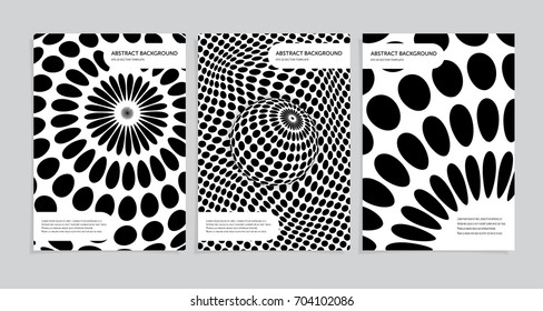 A set of minimal black and white cover backgrounds. Future geometric design. Abstract sphere 3d optical illusion. Eps 10 file.