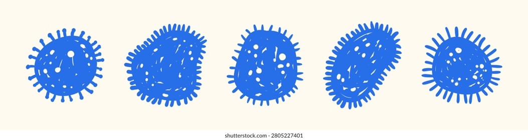 Set of minimal blue virus cells or bacteria, microorganisms isolated on white background, cute simple vector illustration hand-drawn in flat doodle style