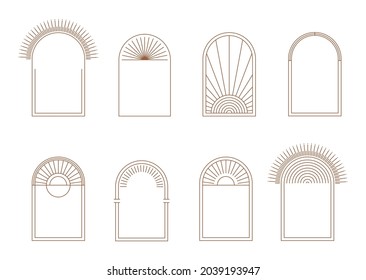 Set of minimal boho arch frames in trendy linear style. Vector bohemian design templates with copy space. Branding.