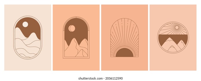 Set of minimal boho landscape logo. Of the moon and the sun concept. Mountains, nature, sun and sunburst.  Vector icon for handmade products, social media posts, travel concept illustrations etc.