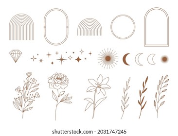 Set of minimal boho linear symbols. Celestial concept. Frame, arch, hands, florals, sun, stars and moon elements. Vector design collection for logo design, social media posts, stories. Branding.