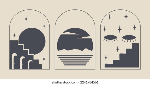 Satz von minimalen boho linearen Symbolen. Himmelskonzept. Rahmen mit Bogen, Sonne, Sternen und Mondelementen.