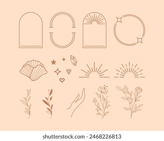 Set of minimal boho linear symbols. Celestial concept. Frame, arch, hands, florals, sun, stars and moon elements. Vector design collection for logo design, social media posts, stories. Branding	