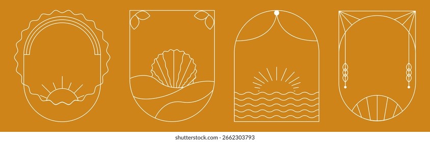 Set of minimal boho sunset logo in an oval frame with sun and wave. Summer design with seashell and sunrise ray and island.