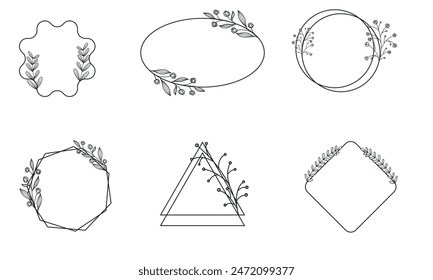 Set of minimal botanical hand drawn design elements in line style. Frames, borders, corners, wreaths, leaves, branches, flowers. Vector for label, logo, corporate identity, wedding invitation, card	