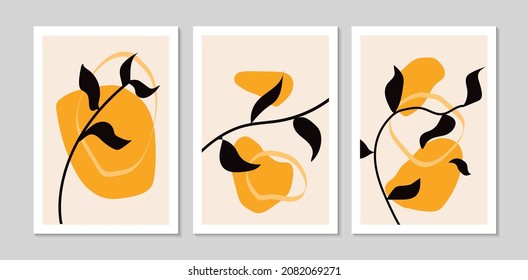 Conjunto de arte minimal botánico en la pared. Gráfico moderno de mediados de siglo. Diseño de arte vegetal para medios sociales, post de blog, impresión, portada, fondo de pantalla. Vector
