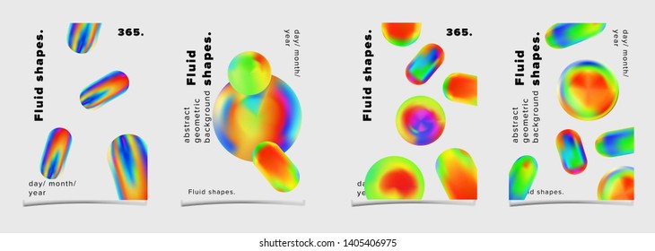 Set of minimal bright futuristic vector posters for science event. Vibrant fluid neon holographic 3d solids of matter, Geometric oily rainbow chromatic shapes on black grid wireframe.