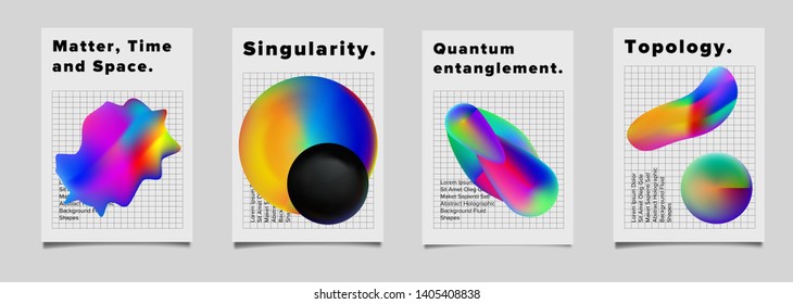 Set of minimal bright futuristic vector posters for science event. Vibrant fluid neon holographic 3d solids of matter, Geometric oily rainbow chromatic shapes on black grid wireframe.