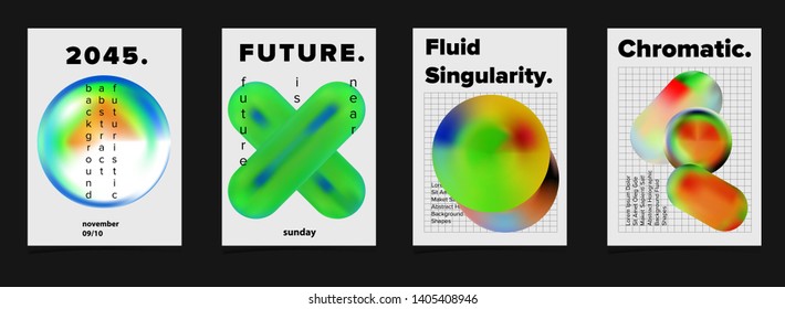 Set of minimal bright futuristic vector posters for science event. Vibrant fluid neon holographic 3d solids of matter, Geometric oily rainbow chromatic shapes on black grid wireframe.