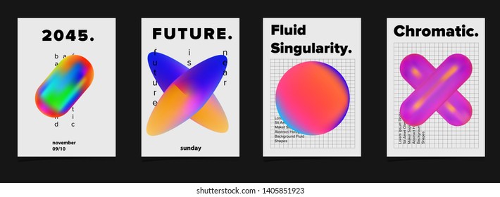 Set of minimal bright futuristic vector posters for science event. Vibrant fluid neon holographic 3d solids of matter, Geometric oily rainbow chromatic shapes on black grid wireframe.