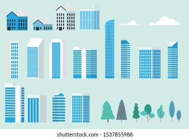 Set of minimal building architecture in light blue color with some tree and cloud on light green background -set of building ready to use