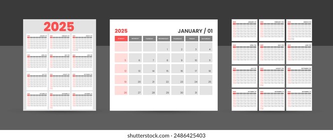 Set of minimal calendar design for 2025. 2025 Calendar Starts Week Business Planner Design Template.