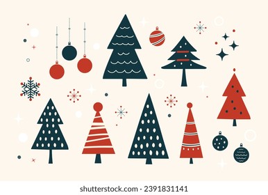 Set of minimal Christman tree elements vector illustration