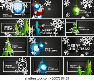 Set of minimal Christmas design templates, geometric abstract Christmas tree, snow, Christmas toy balls. Vector illustration