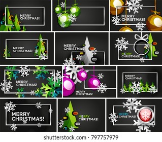 Set of minimal Christmas design templates, geometric abstract Christmas tree, snow, Christmas toy balls. Vector illustration