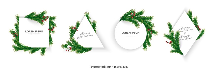 Set of minimal christmas tree branches and cherry geometric frame vector template