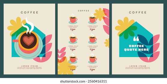 A set of minimal, colorful, and fun casual templates featuring coffee beans and coffee mugs, ideal for invitations, cards, banners, brochures, posters, covers, cafe menus, or other design projects