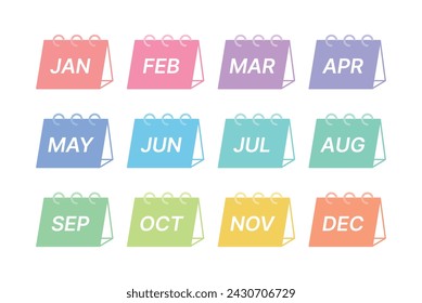 A set of minimal, colorful and simple icons such as 12-month monthly calendar, schedule, planner, diary, timetable, note, memo, and notepad.