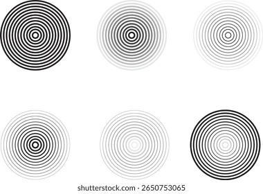Satz von minimalen konzentrischen Kreis Designs in schwarz und weiß. Moderne abstrakte radiale Rundstrichmuster für Grafikdesign, Hintergründe, optische Täuschungskunst, Poster, Drucke und Dekoration.