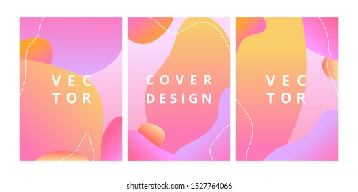 Set of minimal cover templates with fluid shapes in gradient pink colors. Abstract geometric backgrounds with liquid vibrant gradient shapes. Trendy futuristic design. Vector illustration