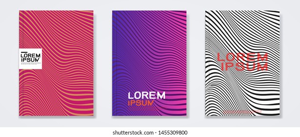 Set of minimal covers design. Wavy strip colorful halftone gradients background. Vector illustration