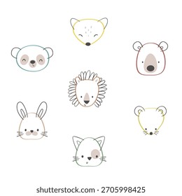 Set of minimal cute animal faces in soft pastel style. Perfect for kidswear prints, nursery decor, textile patterns and sweet baby-themed designs.