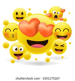 Set of Minimal Cute Emoticons. Cartoon emoji collection. 3d style vector illustration isolated on white background.