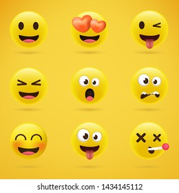 Set of Minimal Cute Emoticons on yellow Background . Isolated Vector Illustration